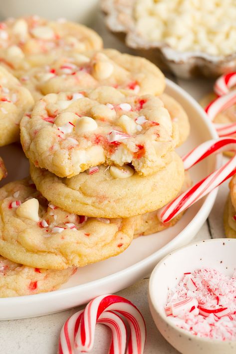 White Chocolate Peppermint Cookies are chewy, soft, and loaded with white chocolate chips, peppermint flavor, and candy cane pieces! These make the best Christmas cookies and will quickly become your new favorite! White Chocolate Macadamia Nut Peppermint Cookies, Candy Cane Crunch Cookies, White Choc Peppermint Cookies, White Peppermint Cookies, Candy Cane Thumbprint Cookies, Peppermint White Chocolate Chip Cookies, White Chocolate Chip Candy Cane Cookies, White Chocolate And Peppermint Cookies, Ginger White Chocolate Cookies