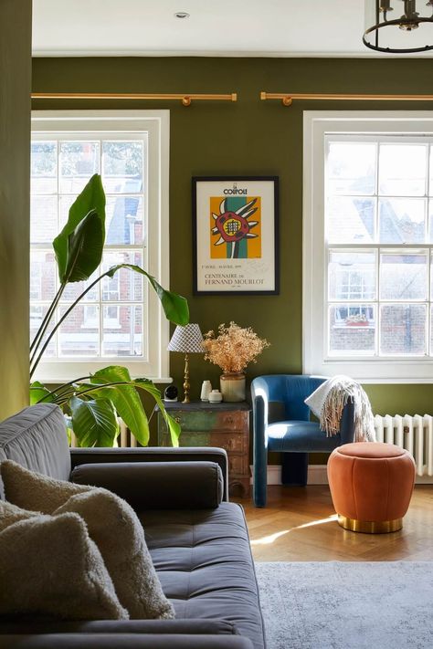 Living Room Ideas Olive Green, Olive Green Living Room, Olive Living Rooms, Olive Green Bedrooms, Blue And Green Living Room, Green Walls Living Room, Green Living Room Decor, Olive Green Walls, Green Living Room