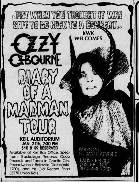 Ozzy Osbourne's "Diary of a Madman Tour" at Kiel Auditorium, 1982 Ozzy Osbourne Concert, Diary Of A Madman, Newspaper Clippings, Vintage Music Posters, Parental Guidance, Heavy Rock, Eddie Van Halen, Concert Poster, Music Posters