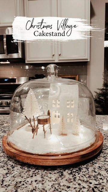 Mini Cake Stand Decor Ideas, Cake Stand Snow Globe, Cake Stand Christmas Decor, Cheese Dome Decor, Christmas Domes, Christmas Cake Stand, Mini Village, Mini Cake Stand, Cake Stand Decor