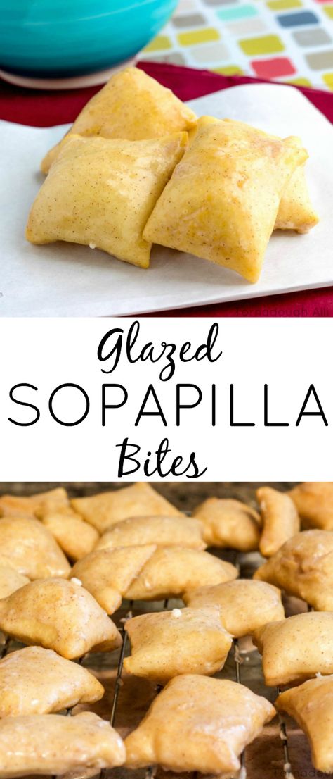 A delicious twist on the classic. These Glazed Sopapilla Bites do not disappoint. Mexican Donuts, Enchiladas Rice, Mexican Potluck, Donut Glazed, Rice Mexican, Mexican Sweets, Mini Caramel Apples, Bread Sweet, Mexican Night