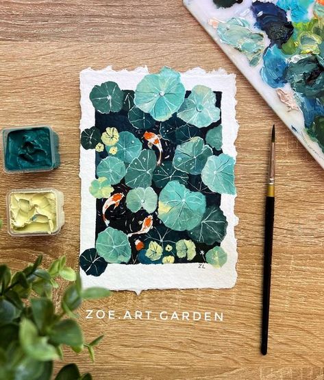 Lotus Illustration, Art Gouache Painting, Get Lost, Dreamy Forest, Koi Painting, Art Gouache, Pond Painting, Painting Bedroom, Lotus Art