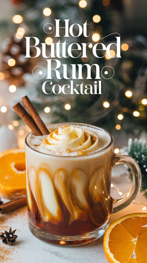 "Warm up your winter nights with this delightful Hot Buttered Rum cocktail  recipe! Perfect for holiday gatherings, this cozy drink blends spiced rum  with rich butter and warm spices, creating a comforting beverage that  embodies the spirit of the season. Discover the ultimate winter cocktails  and elevate your holiday drinks with this easy-to-make recipe. Ideal for  sipping by the fire, this Hot Buttered Rum is a must-try among spiced rum  recipes and cozy drink ideas!" Buttered Toffee Drink, Diy Spiced Rum, Holiday Hot Toddy, Best Hot Buttered Rum Recipe, Warm Christmas Drinks Alcohol, Hot Tea With Alcohol, Spiked Hot Drinks, Hot Buttered Rum Batter Recipe, Highland Snowball Drink