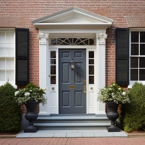 7+ Striking Exterior Front Door Trim Molding Designs to Enhance Your Home • 333+ Images • [ArtFacade] Brick Colonial Front Door, Dark Navy Front Door, Colonial Home Front Door, Door Trim Ideas Moldings, Colonial Front Door, Navy Front Door, Colonial House Exteriors, Front Door Trim, Black Front Doors