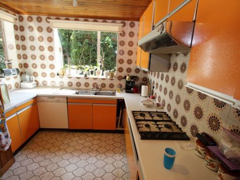 Retro 70s Kitchen Orange, 70s Orange Kitchen, 70s Tiles Kitchen, 70s Kitchen Tiles, Small 70s Kitchen, Retro Orange Kitchen, 60s Style Kitchen, Sixties Kitchen, Orange Countertops