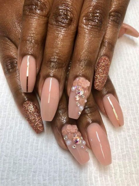 Blush powder, rose gold glitter and stripe, with pearls, petals and bling Chrome Nail Design, 16 Photoshoot, Rose Gold Nail Polish, Gold Nail Polish, Chrome Nails Designs, Gold Mermaid, Blush Powder, Chrome Nail, Rose Gold Nails