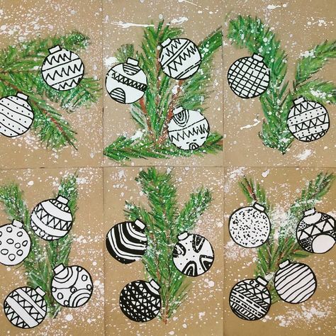 @2art.chambers Thanks for the idea, we added a few Christmas balls. #art #kidsart #kidsartideas #school #elementaryschool #elementaryart… | Instagram One Day Christmas Art Projects, Elementary Winter Art, Winter Art Kids, Christmas Classroom Ideas, Christmas Diy For Kids, Christmas Art Drawing, Christmas Art Projects For Kids, Christmas Art Ideas, Art Class Ideas