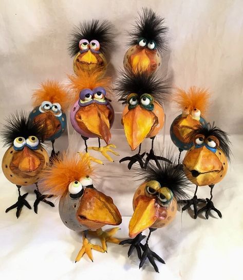 Weird Birds, Clay Birds, Hand Painted Gourds, Crazy Bird, Paper Mache Sculpture, Gourds Crafts, Paper Mache Art, Painted Gourds, Gourd Art