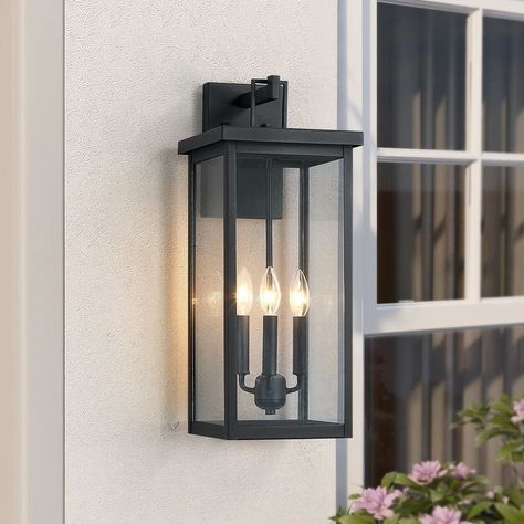 Forti 3-Light Large Black Outdoor Wall Sconce Lantern Light - 22.5in H - Bed Bath & Beyond - 36799294 Exterior Sconces, Front Porch Lighting, Wall Mount Lantern, Porch Lights, Exterior Light Fixtures, Exterior Lights, Outdoor Sconces, Outdoor Light Fixtures, Outdoor Wall Lantern