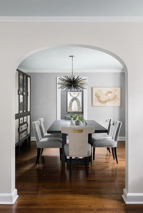 Arched Doorway Dining Room, Archway Dining Room, Arched Room Divider, Dining Room Archway, Kitchen Dining Room Combo Layout, Arched Hallway, Sofas Lounge, Archways In Homes, Panelled Walls