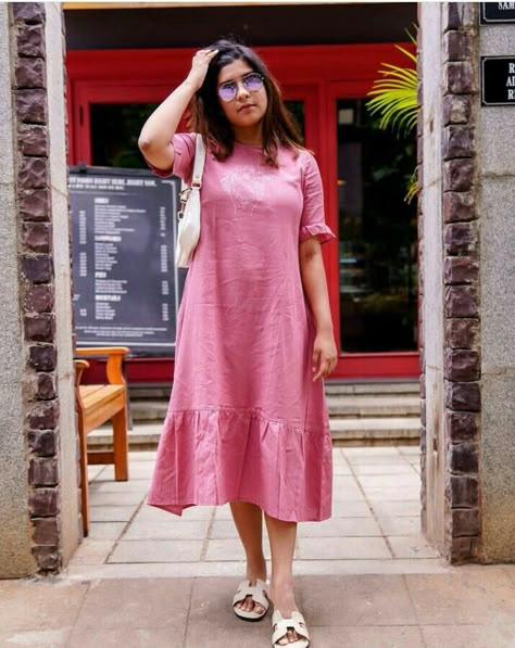 Pink dress Middy Dress Casual Indian, Middie Dress Casual Classy, Linen Frocks For Women, Cotton Dress Pattern Indian Summer, Cotton One Piece Dresses Western, Linen Kurta Designs For Women, Linen Frock Design, Cotton Frocks For Women Summer Dresses, Cotton Dress Designs Casual