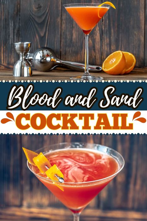 The Blood and Sand cocktail is a classic featuring blended Scotch, sweet vermouth, cherry liqueur, and orange juice. It's light, sweet, and one of a kind. Blood And Sand Cocktail, Blood And Sand, Sweet Vermouth, Cherry Liqueur, Blood Orange Juice, Fortified Wine, Orange Twist, Cocktail Book, Aromatic Oils