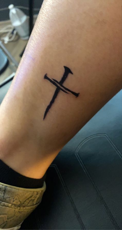 Cross Nails Tattoo, Calf Tattoo Men Small, Cross With Nails Tattoo, Cross Of Nails Tattoo, Three Nails Cross Tattoo, Male Cross Tattoos, Cross Calf Tattoo Men, Calf Tattoo Men Simple, 3 Nails Cross Tattoo