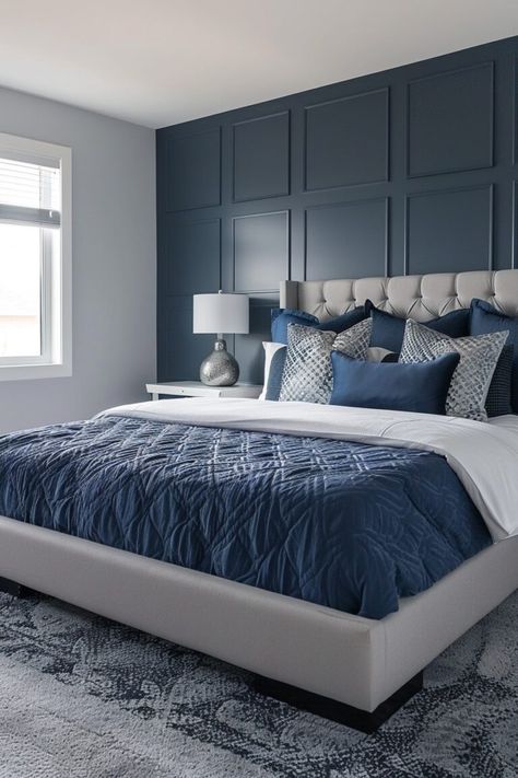 14 Blue And Grey Bedroom Interior Designs You Have To See! - My Decor Inspo Navy Blue Gray Bedroom, Grey Blue Master Bedrooms Decor, Navy Blue And Grey Bedroom Ideas, Dusty Blue Accent Wall Bedroom, Blue Adult Bedroom, Blue Velvet Bedroom Ideas, Blue Grey Bedroom Ideas, Slate Blue Bedroom, Black And Blue Bedroom Ideas