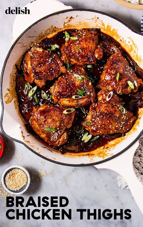 Don't Miss Out On These Ginger-Soy Braised Chicken Thighs!Delish Boneless Chicken Thigh Dutch Oven Recipes, Braised Chicken Thighs Boneless, Braised Chicken Thigh Recipes, Asian Chicken Thighs, Spring Onion Recipes, Chicken Breast Crockpot Recipes, Braised Chicken Thighs, Crockpot Chicken Breast, Chef Ideas