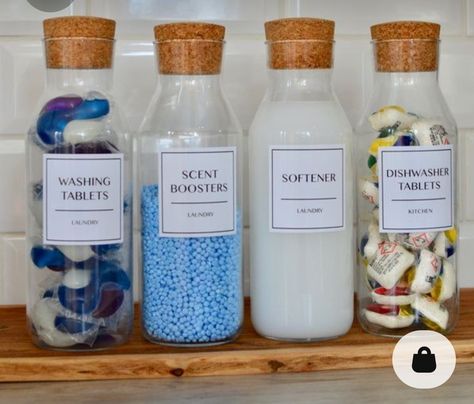 Utility Room Storage Jars, Washing Liquid Storage, Laundry Bottles Organization, Washing Detergent Storage, Glass Jars For Laundry Detergent, Laundry Products Storage, Laundry Room Organisation, Laundry Room Jars Storage, Blue Kitchen Decor Ideas