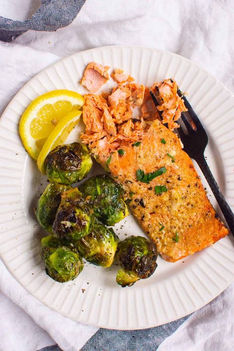 Salmon And Brussel Sprouts, Air Fried Salmon, Cook Frozen Salmon, Salmon In Air Fryer, Chicken And Veggie Recipes, Salmon And Veggies, Salmon Vegetables, Cooked Salmon, Air Fryer Salmon