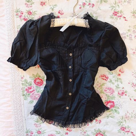 ˚₊‧⁺⋆♱ vintage lolita goth button up shoujo girl... - Depop Goth Button Up, Lacey Blouse, Shoujo Girl, Girls Blouse, Costume Design, Layering, Button Up, Halloween, Black