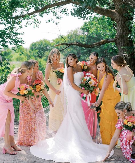 Summer Boho Bridesmaid Dresses, Mix Color Bridesmaid Dresses, Sunset Themed Bridesmaid Dresses, Green Yellow Orange Pink Color Palette, Fuscia Bridesmaids Dress, Muted Sunset Color Palette Wedding, Pink Yellow Orange Bridesmaid Dresses, Pink And Yellow Bridesmaids, Pink Orange Yellow Bridesmaid Dresses