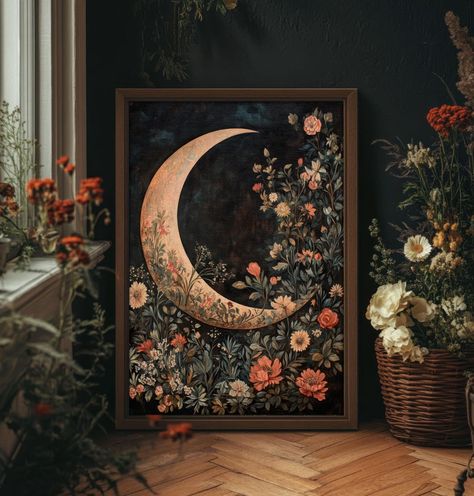 This Wall Decor item by EnchantedEraAtelier has 314 favorites from Etsy shoppers. Ships from Cambridge, MA. Listed on Oct 19, 2024 Bathroom Frames Decor Wall Art, Living Room Canvas Painting Ideas, Dark Botanical Aesthetic, William Morris Interior, Dark Cottagecore Art, Moody Cottagecore, Dining Room Mural, Floral Crescent Moon, Academia Prints