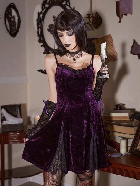 Price:$15.30(List Price:$18.00)! Velvet Contrast Lace Cami Dress Without Gloves Purple Grunge Outfits, Purple Goth Dress, Cute Goth Outfits, Lace Cami Dress, Sweet 16 Outfits, Purple Party Dress, Vampire Dress, Gothic Mode, Punk Dress