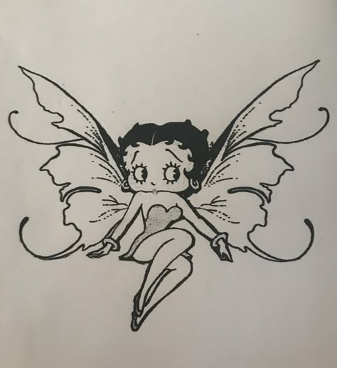 I REALLY want this tattoo! I combined various pictures to get the look I wanted. Betty Boop Butterfly Tattoo, Fairy Betty Boop Tattoo, Vintage Doodle Art, Betty Boop Butterfly, Betty Boop Fairy Tattoo, Simple Betty Boop Tattoo, Disney Princess With Tattoos, Betty Boop Tattoo Stencil, City Morgue Tattoo