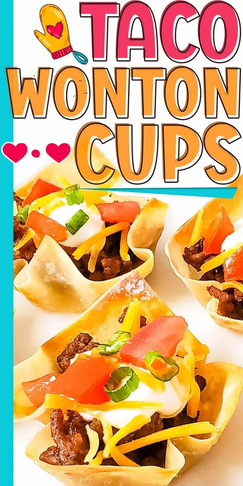 Taco Cups Wonton, Won Ton Tacos, Taco Wonton Cups, Taco Wonton, Wonton Wrapper Recipes Appetizers, Wonton Taco Cups, Wonton Cups Appetizers, Finger Food Party, Wrapper Recipes