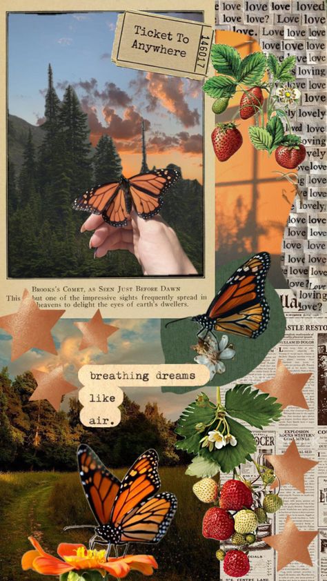 #aesthetic #wallpaper #background #collage #monarch #butterfly #nature #strawberry #paper #vintage #star #cottagecore Strawberry Paper, Background Collage, Butterfly Nature, Paper Vintage, Vintage Star, Butterfly Wallpaper, Aesthetic Collage, Monarch Butterfly, Nature Aesthetic