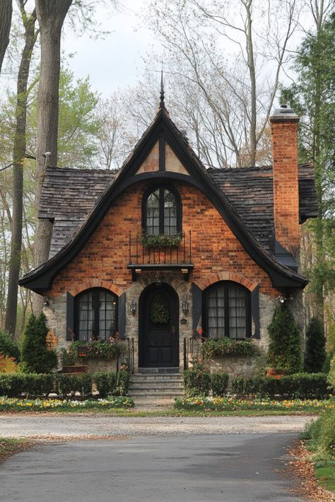 French Cottage Exterior Home Tudor Home With Front Porch, European Tudor Exterior, Tudor House Style, Vintage Style House Exterior, Single Story Cottage Exterior, French Chalet Exterior, English Tudor Homes Exterior, English Cottage Style Homes Exterior, Tudor Cottage Exterior