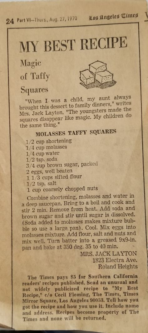 Molasses Taffy Cookies 1970 Los Angeles Times Molasses Taffy, Soft Molasses Cookies, Molasses Cookies, Magic Recipe, Vintage Soft, Taffy, Molasses, Vintage Recipes, Candy Recipes