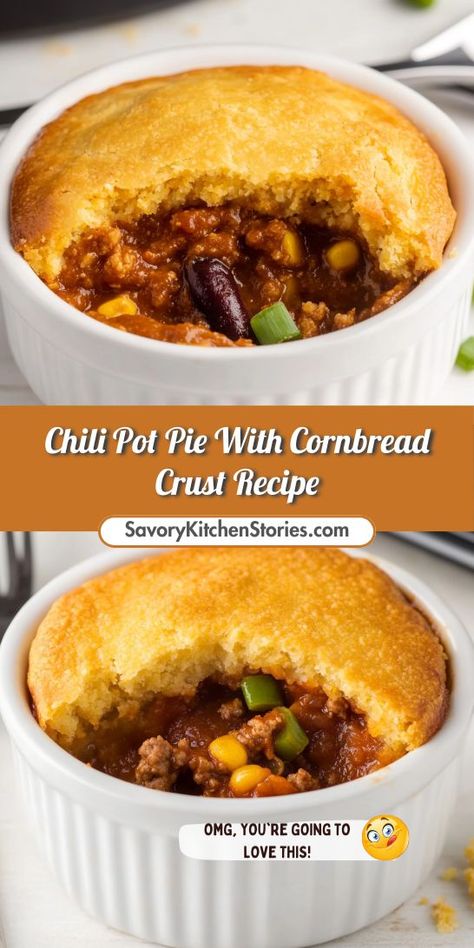 Craving a unique twist on traditional chili? This Chili Pot Pie with Cornbread Crust offers a delightful combination of textures and tastes! You won't want to miss out on this comforting recipe that satisfies cravings. Be sure to save it for your collection of chili recipes! Chili Pot Pies With Cornbread Crust, Chili Stuffed Cornbread, Chili Shepards Pie, Chili Pot Pie With Cornbread Crust, Mini Cornbread Chili Cups, Chili Cornbread Pot Pie, Leftover Chili Recipes Ideas, Pot Pie With Cornbread Crust, Chili With Cornbread Topping