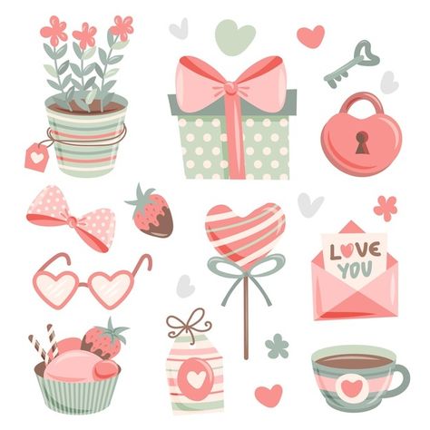 Valentines Day Clipart Free, Valentines Day Stickers Free Printables, Valentine Stickers Free Printables, Valentines Stickers, Pastel Feed, Valentines Toppers, San Valentin Vector, Valentine's Day Illustration, Valentines Illustration