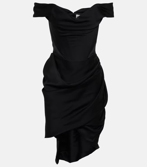 Off-shoulder bustier crêpe minidress in black - Vivienne Westwood | Mytheresa Black Satin Off Shoulder Dress, Black Vivienne Westwood Dress, Vivienne Westwood Black Dress, Vivienne Westwood Clothes, Mha Outfits, Vivienne Westwood Shop, Vivienne Westwood Dress, Boned Corsets, Knitted Suit