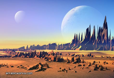 two moons above a desert space landscape Alien Landscape, Sci Fi Landscape, Space Artwork, Planets Art, New Fantasy, Alien Planet, Space Poster, Alien Worlds, Futuristic Art