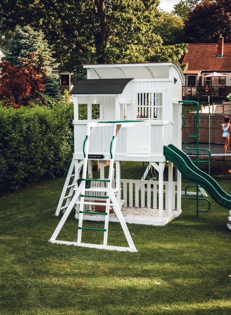 White Painted Playset | Nesting with Grace | After a year with a sealed cedar playset in our backyard, we decided to paint it with several coats of white paint! I love the new look! On the blog, I'm sharing how we spruced up our backyard and pressure washed our cedar fence. #backyard #playset #summerstyle Painted Playset, Playset Ideas, Backyard Updates, Garden Fence Paint, Lavender Meadow, Fence Backyard, Playhouse Makeover, Playroom Inspiration, Backyard Playset