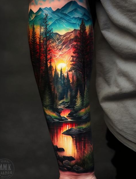 Mountains Leg Tattoo, Mens Nature Tattoo Sleeve, Waterfall Tattoos, Landscape Tattoos, Scenic Tattoo, Tattoo Mountains, Forest Tattoo Sleeve, Firefighter Tattoos, Waterfall Tattoo