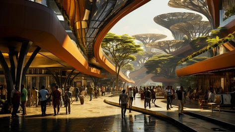 Future African Cities, Futuristic African Architecture, Afrofuturism Landscape, Futuristic Neighborhood, Afro Futurism Architecture, Neofuturism Architecture, Afrofuturism Architecture, Afro Architecture, Futurism Architecture