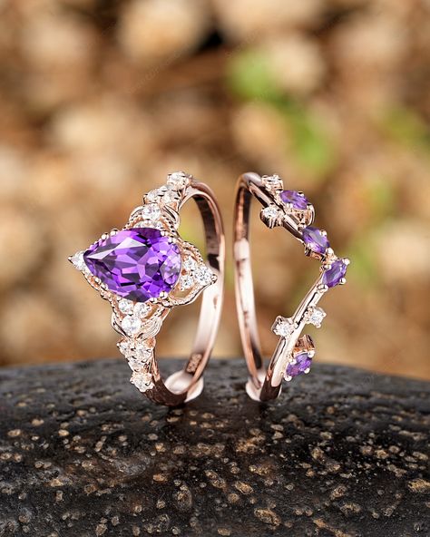 Crystal Wedding Rings, Purple Wedding Rings, Purple Diamond Ring, Amethyst Wedding Rings, Matching Couple Rings, Modern Wedding Rings, Promise Ring Set, Leaf Engagement Ring, Cute Engagement Rings