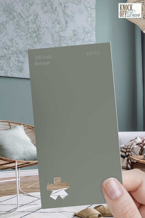 SW-retreat-single-paint-chip Sw Retreat Paint Bedroom, Sw Retreat Color Palette, Sw Retreat Bathroom, Sw Retreat Bedroom, Sw Retreat Cabinets, Sw Retreat Exterior, Sw Retreat Paint, Sherwin Williams Green Gray, Sw Retreat