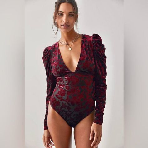 Free People Magic Hour Velvet Red Bodysuit in Small Bell Sleeve Bodysuit, Free People Velvet, Free People Bodysuit, Blue Bodysuit, Red Bodysuit, Square Neck Bodysuit, Magic Hour, Velvet Bodysuit, Bodysuit Top