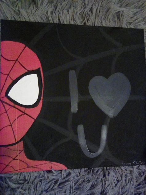 Spiderman And Mj Painting, Cute Spiderman Painting, Cute Paintings For Bf, Bf Painting Ideas, Painting Ideas Spiderman, Cute Paintings On Canvas For Boyfriend, Spiderman Painting Easy, Things To Paint For Your Boyfriend