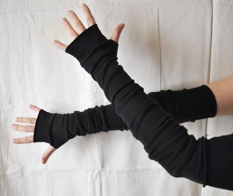 Extra Long Creased Black Arm Warmers Gloves Mittens Fingerless Upcycled Clothing Funky Wrapped Wrists Cuffs Eco Style Womans Clothing Black Arm Warmers, Arm Wraps, Arm Gloves, Goth Rave, Cyberpunk Fashion, Steampunk Clothing, Upcycled Clothing, Rave Festival, Goth Outfits