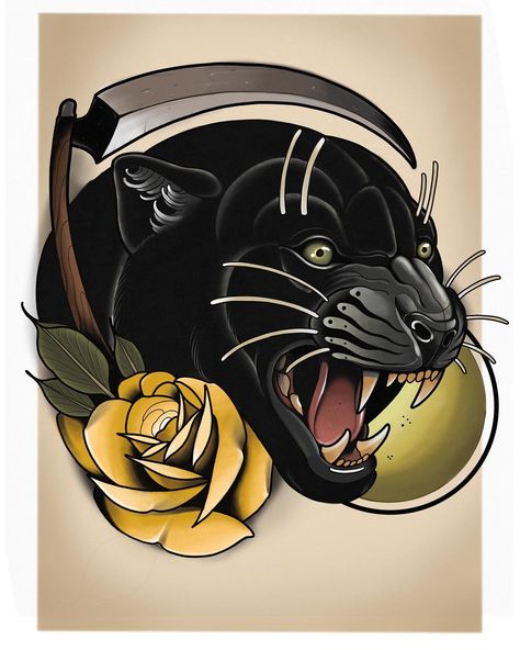 #Wannado  Panther-rose-scythe @feelfarbig @slothmachine.de  #neotrad #neotraditional #neotraditionaltattoo #werbung #neotraditionaltattoos… Neo Traditional Panther, Traditional Black Panther Tattoo, Trad Panther, Rose Scythe, Black Panther Tattoo Design, Rose Traditional Tattoo, Panther Tattoo Design, Draw Ribbon, Traditional Panther