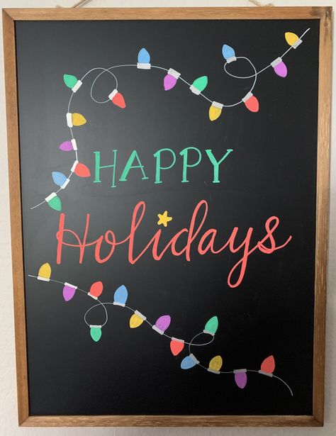 Christmas Lights Chalkboard Art, Chalkboard Ideas For Christmas, Holiday Restaurant Chalkboard, Winter Dry Erase Board Art, Chalkboard Designs Christmas, White Board Christmas Ideas, Holiday White Board Ideas, Happy Holidays Chalkboard Art, Winter Whiteboard Art