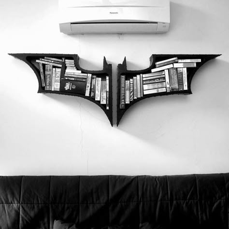 Batman Bookshelves Batman Bookshelf, Geek Home Decor, Batman Decor, Batman Room, Geek Decor, Goth Home Decor, Goth Home, Dark Home Decor, Dark Home