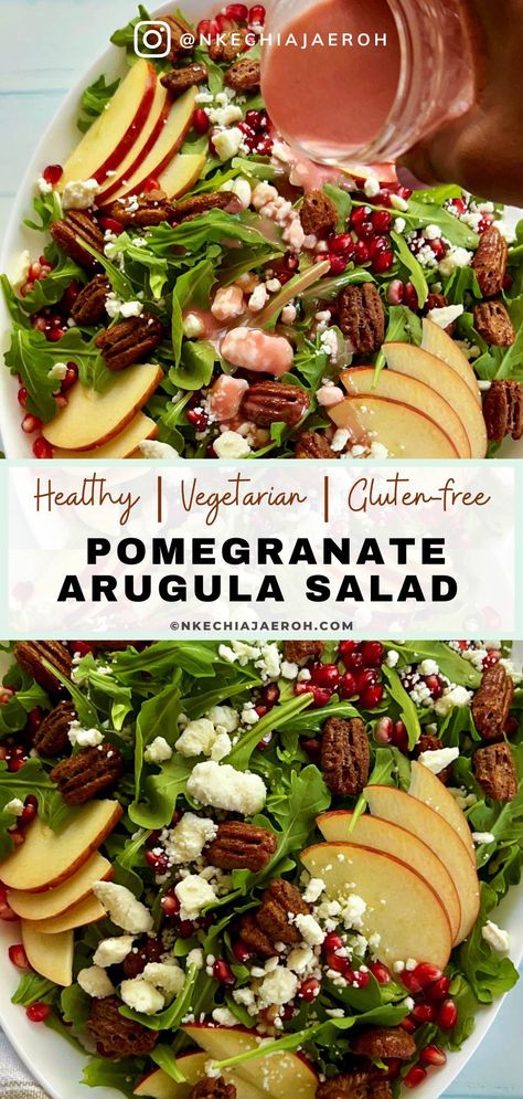 Healthy pomegranate arugula salad with apples and pecans is easy to make, pretty, and perfect for any occasion! My pomegranate salad bursts with delicious flavors from the slightly spiced arugula, sweet and crisp apples, and crunchy pecans. This easy salad is bejeweled with fresh pomegranate seeds or arils and finished with pomegranate salad dressing. This would make an enviable summertime salad recipe as well! Festive salad recipe for Christmas or Thanksgiving #arugulasalad #pomegranate #salad Arugula Salad With Apples, Bridgeton Wedding, Salad With Apples And Pecans, Pomegranate And Feta Salad, Healthy Fall Salad Recipes, Salad Dressing Healthy, Pomegranate Salad Dressing, Healthy Fall Salads, Pomegranate Seeds Recipe