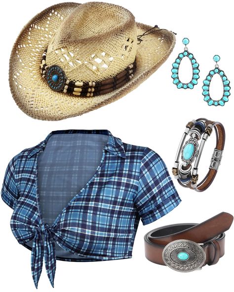 PRICES MAY VARY. Cowgirl Set of 5: the package contains a cowgirl costume set, including a plaid cowgirl costume T shirt, a cowboy hat, a buckle belt, a synthetic turquoise bracelet, a pair of pendant earrings, easy to match Comfy to Wear: our cowgirl outfits consist of accessories mainly made of alloy, woven straw hats and cotton garments, and the fabric is soft to feel, stretchable and comfortable Proper Size to Wear: the women cowgirl costume can suit women of most ages, and you can check the Cowgirl Costume Black Women, Cowboy Costume Women's, Cowgirl Costume Women, Cowgirl Costume Halloween, Wild West Costumes, Beach Cowgirl, Cowgirl Top, Cowgirl Outfits For Women, Cotton Garments