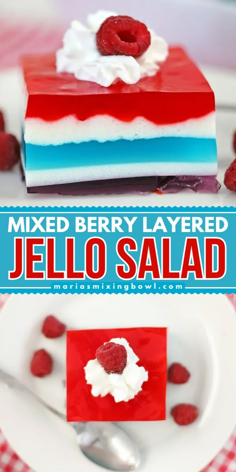 Look forward to this dessert salad! Colored with a patriotic look, this Mixed Berry Layered Jello Salad is a simple 4th of July dessert everyone will enjoy. So, big a big tray of this easy 4th of July recipe to your potluck! 4th Of July Jello Salad, Patriotic Jello Desserts, 4th Of July Jello Desserts, Patriotic Desserts 4th Of July, Fourth Of July Salad, Layered Jello Salad, Fourth Of July Jello, 4th Of July Salads, Layered Jello Dessert