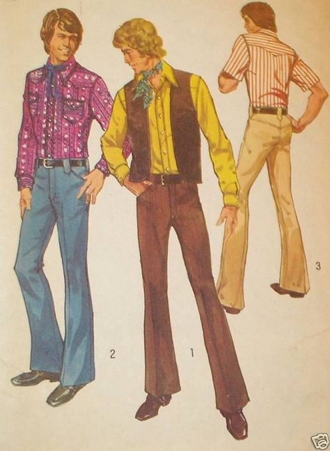 Again, Totally Not Gay in its own time. Mens Western Vest, 70s Fashion Men, 70s Inspired Outfits, Mens Sewing Patterns, Western Vest, 70s Men, Shirt Vest, Simplicity Patterns, Vest Shirt