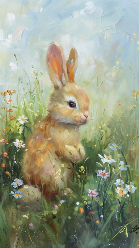 Looking for a cute Easter Bunny phone background? Snatch this freebie now! #EasterBunny #phonebackground #freebie #adorable 🐰📱🌷 Spring Bunny Painting, Bunny Art Painting, Autumn Bunny Wallpaper, Bunny In Flowers, Coquette Paintings, Paint A Bunny On Canvas, Fresh Wallpaper, Bunny In Snow Painting, Farm Animal Painting